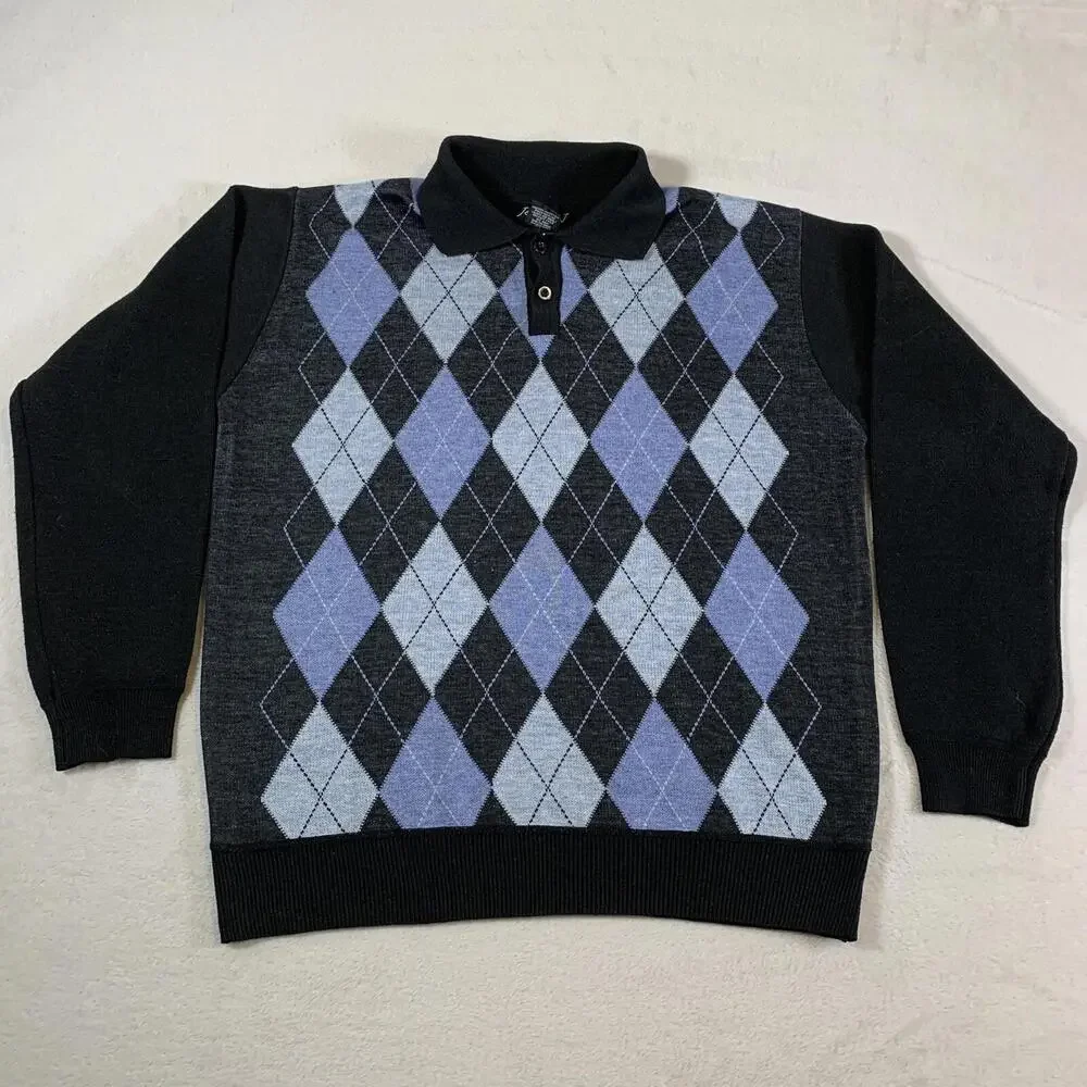 Johnny J Sweater‎ Mens Large Black Argyle Pullover Long Sleeve Collared Golf